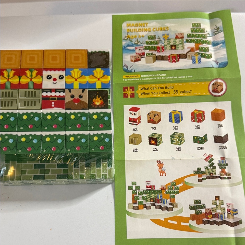 Magnet Building Cubes Set for Kids - Christmas Multicolor 55 Piece Carrying Bag